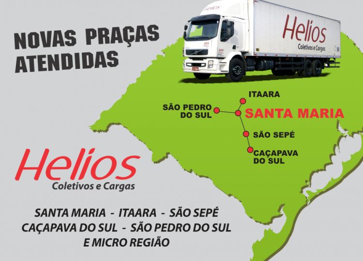 Banner contendo um caminhão da empresa, o mapa do Rio Grande do Sul colocando em destaque a cidade de Santa Maria.