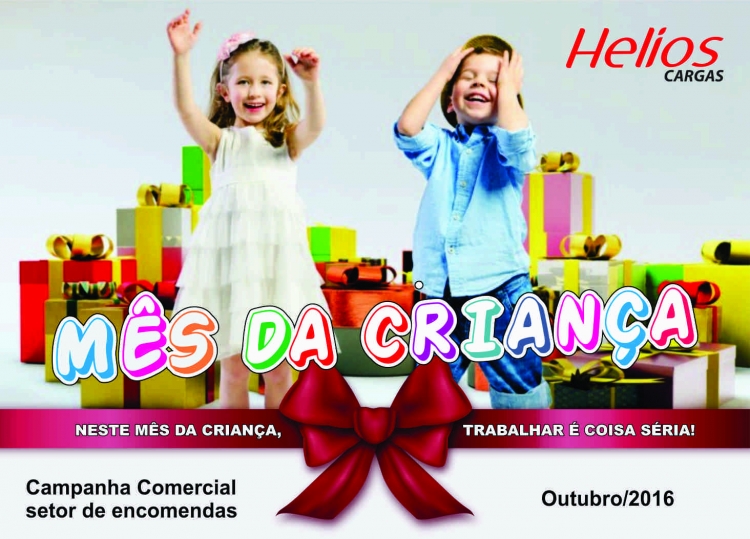 Banner colorido com duas crianças em pé e sorrindo. Material alusivo ao mês das crianças. A campanha trabalhar é coisa séria irá premiar o filho dos associados que se destacarem nas vendas de fretes.