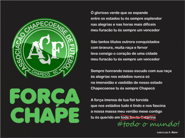 Imagem com o fundo preto, distintivo da Chapecoense em destaque com a expressão 