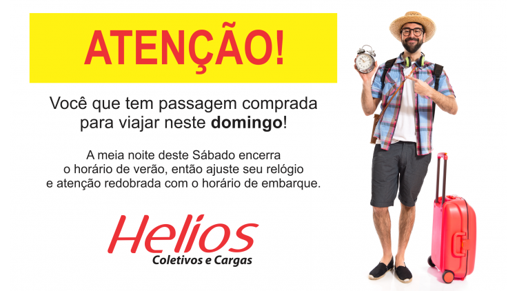 Atenção Srs. Passageiros! Neste sábado, a meia noite, encerra o horário de verão.
Quem tiver passagem comprada para embarcar na madrugada e dia de domingo (18), atenção ao horário de embarque, já que o seu ônibus pode ter partido durante o dia de sábado, então esteja 1 hora antes em relação ao horário que constar na sua passagem na rodoviária para não correr o risco de perder o ônibus.