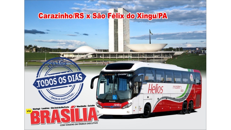 Carazinho/RS x São Félix do Xingu/PA via Brasília, todos os dias!

Com viagens diárias, de ida e volta, entre Carazinho no Rio Grande do Sul e São Félix do Xingu no Pará, a Helios oferece à você conforto nas poltronas soft com apoio de pernas individuais, tomadas USB para carregar seus dispositivos, água mineral geladinha e ar condicionado higienizado.

Dentro deste itinerário, a Helios atende a cidades importantes como CASCAVEL/PR, MARINGÁ/PR, LONDRINA/PR, MARÍLIA/SP, SÃO JOSÉ DO RIO PRETO/SP, UBERLÂNDIA/MG, CATALÃO/GO e BRASÍLIA/DF.

Precisando viajar, estaremos aqui sempre que você precisar!

Melhor que viajar, é viajar bem!

Helios, você em primeiro lugar!