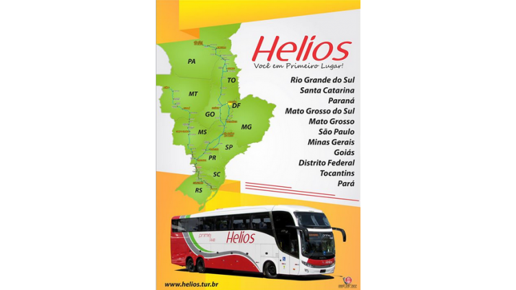 A empresa Helios oferece diariamente viagens entre as regiões Sul e Norte do país.
São mais de 70 anos de tradição no transporte de passageiros.
São diversas as localidades atendidas, onde destacamos grandes centros, como Cascavel, Londrina, Uberlândia, Brasília, Goiânia, Palmas, Campo Grande e Cuiabá.
Antecipe a compra de suas passagens para este fim de ano, tanto a ida quanto a volta. Isso garante a sua viagem, e evita frustrações por não haver mais passagens disponíveis.
Helios, você em primeiro lugar!