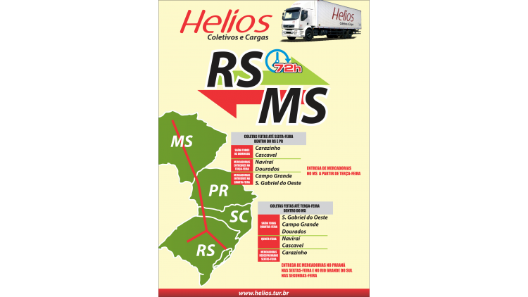 Com foco em atender com qualidade e presteza seus clientes a empresa Helios otmiza sua operação de cargas. A partir do dia 20/08/2016 será disponibilizado o menor prazo de entrega na região de atendimento da empresa no Mato Grosso do Sul. Veja a ilustração, faça sua cotação e transporte conosco!