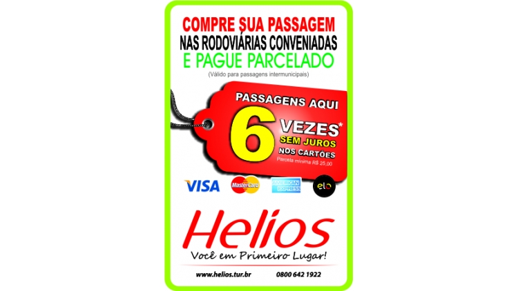 A Helios firmou convênio com empresas operadoras de cartão de crédito a fim de possibilitar que seus clientes adquiram passagens nas estações rodoviárias de Erechim, Passo Fundo, Carazinho, Tapera, Espumoso, Cruz Alta e Santa Maria e paguem em até 6 parcelas, com mínimo de R$ 25,00.