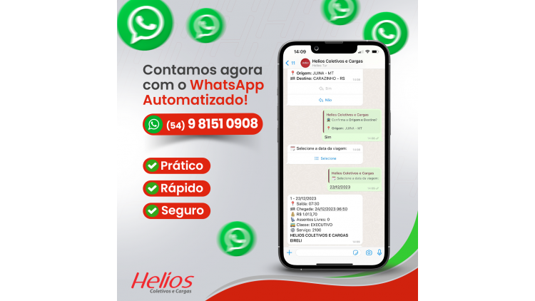 Agora você pode comprar sua passagem diretamente pelo WhatsApp Automatizado no número (54) 98151-0908. Entre em contato e experimente toda a facilidade de se conectar conosco através desta ferramenta incrível! Acesse: https://wa.me/5554981510908